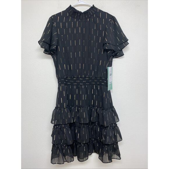 NWT Sqm And Jess Tiered Ruffle Short Sleeve A-Line Mini Dress size L Black Metal - Picture 1 of 13
